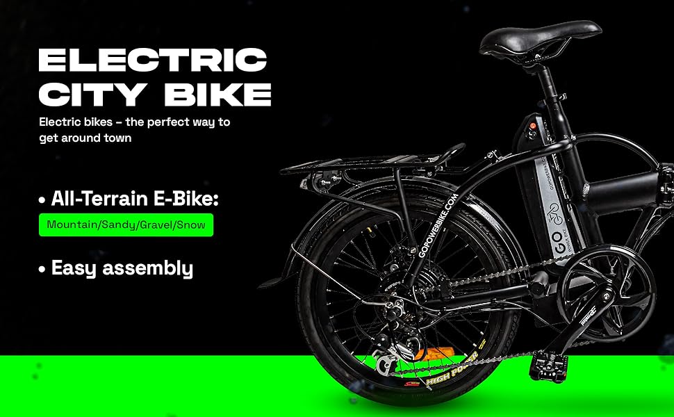 Text Reads: ELectric City Bike, an ALL TERRAIN E-BIKE that is easy to assemble.