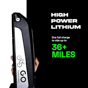 Text Reads: High Power Lithium. One full charge to ride up to 36+ miles.