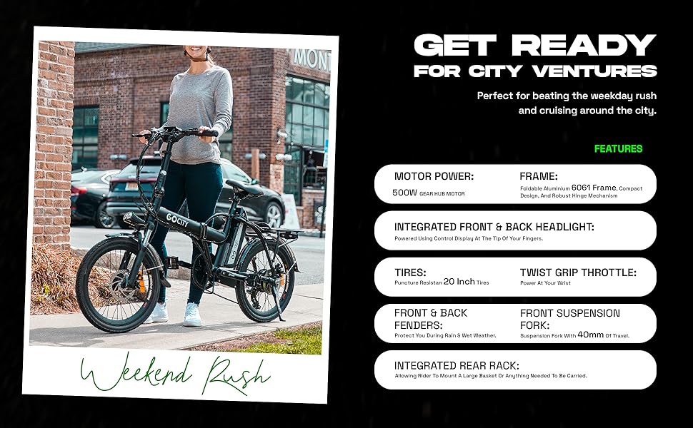 Text Reads: Get Ready For City Adventures. Photo tells about all Features of the E-bike.